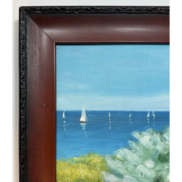 Oil Painting of an Oceanfront Garden Home w/ Sailboats On The Coast. Framed - Picture 3 of 9